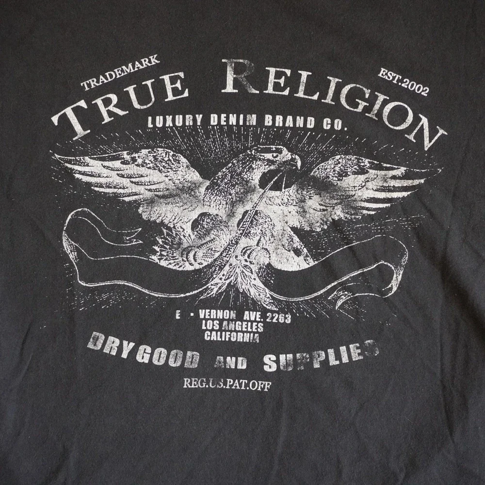 True Religion Mens V-Neck Graphic T-Shirt XL Black Eagle Dry Goods Supplies Tee